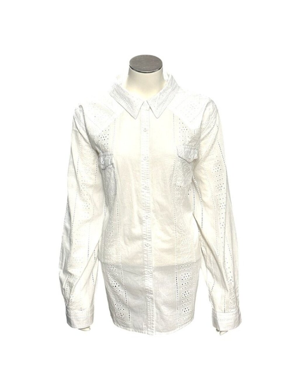 White Long Sleeve Medium Button Down Embroidered Shirt Eyelet Detailing Western